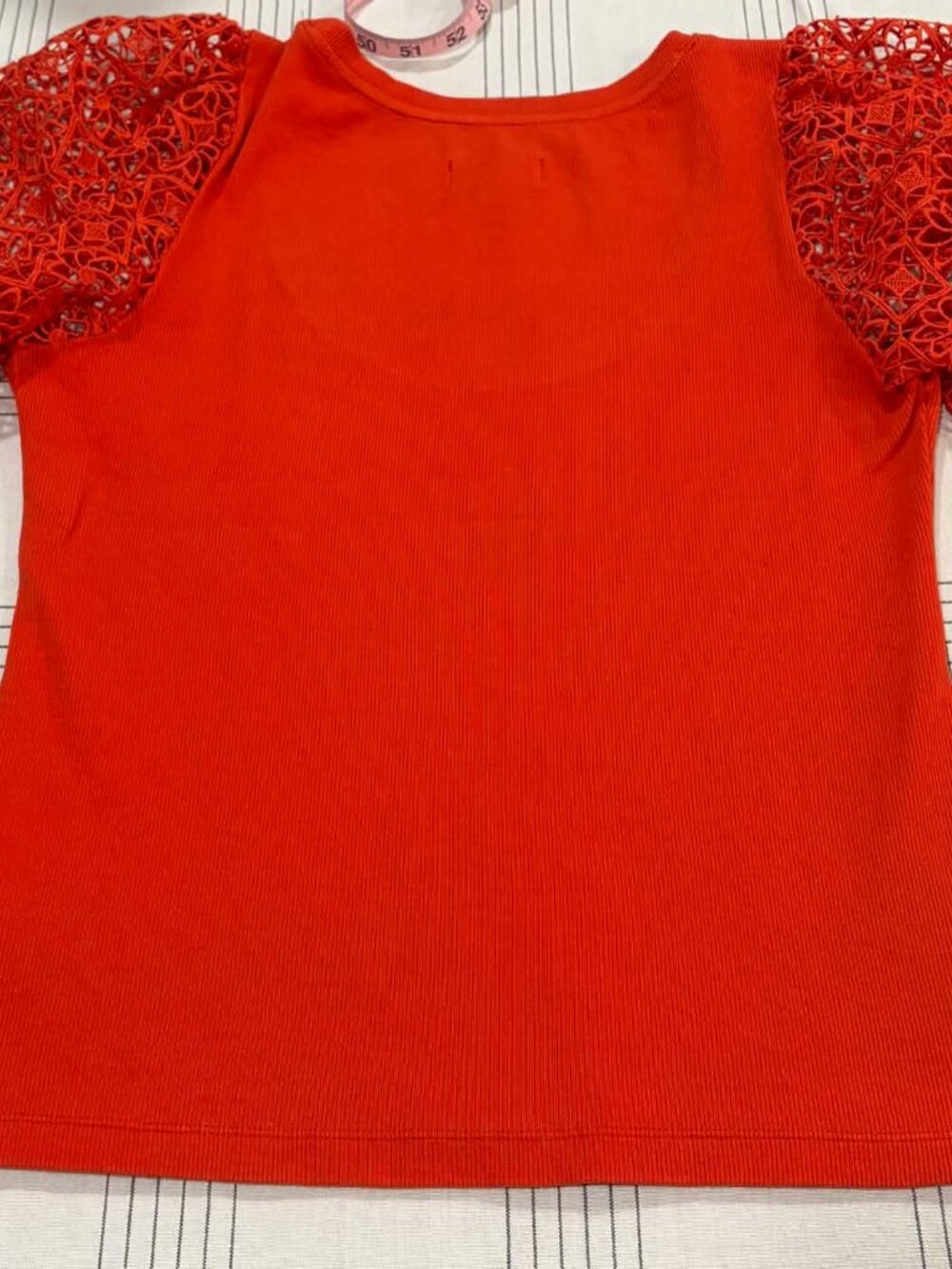 Maeve by Anthropologie Red Crochet Lace Balloon Sleeve Ribbed Top M - Picture 3 of 10